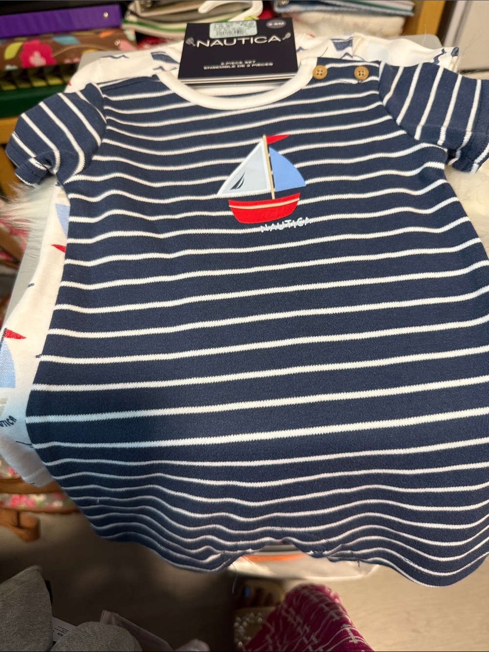 Nautica Navy & White Striped Baby Dress with Sailboat  3/6 months